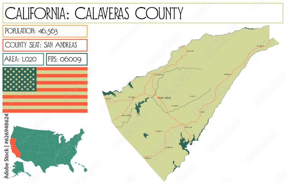Large and detailed map of Calaveras County in California, USA.