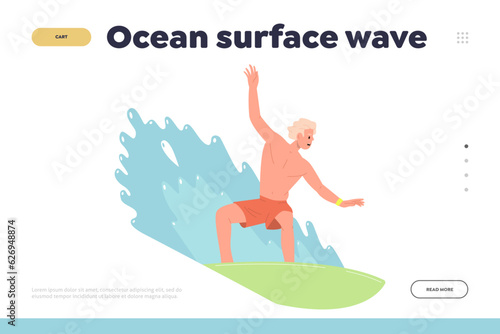 Ocean surface wave landing page website template with man character surfer on board design