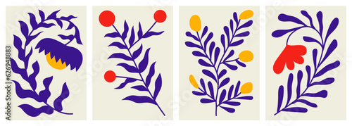 Botanical poster designs. Flat vector illustrations of plants and flowers. Floral elements. Wall arts inspired by Matisse's cut-out papers and naive style. Organic blooms. Hand drawn foliage.