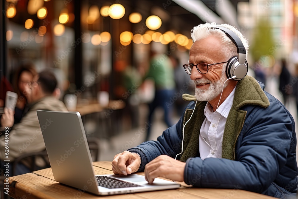 Smiley senior man in headphones working at sidewewalk cafe in front of laptop monitor. Freelancing at any age. Smiley senior man in headphones working at sidewewalk cafe in front of laptop monitor. Freelancing at any age.