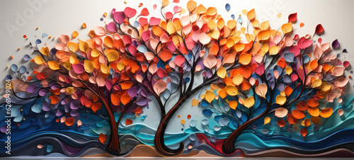 Colorful tree with leaves on hanging branches illustration background.