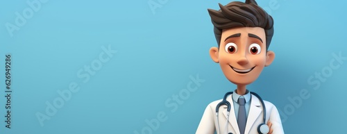 Cartoon Character Smart Trustworthy Doctor, Professional Caucasian Male Specialist. Medical Clip Art Isolated On a Blue Background with a Copy Space. Made With Generative AI.