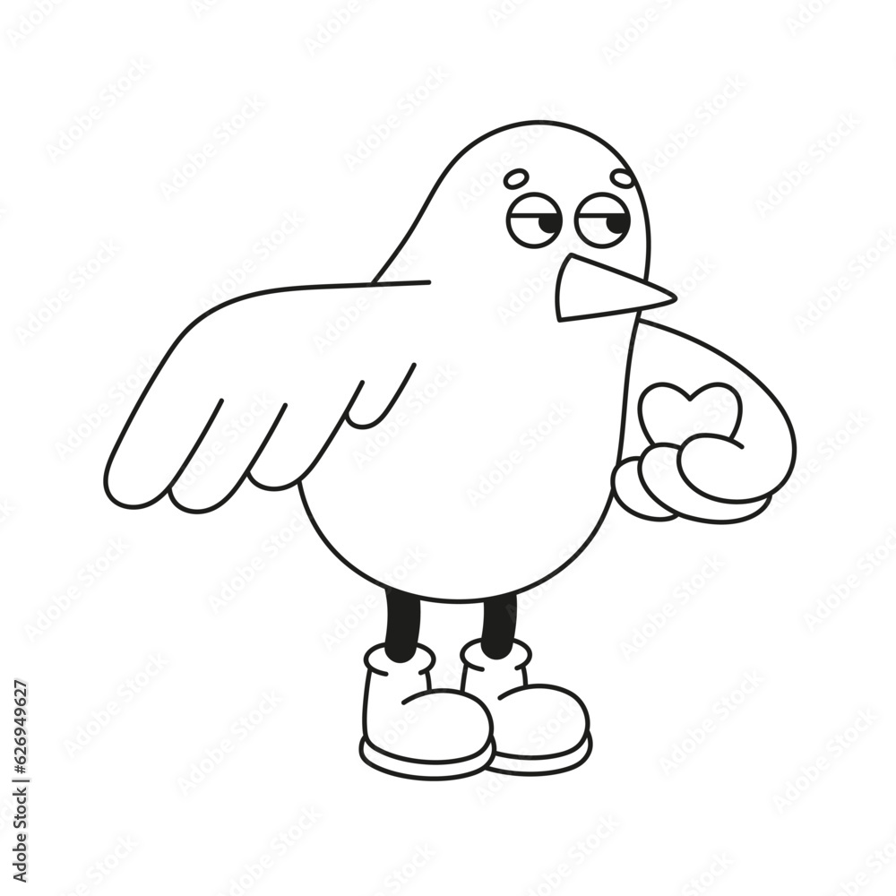 The hand-drawn retro character of the bird with a heart. Vector illustration in trendy retro cartoon style. Line art. The hand-drawn retro character of the bird with a heart. Vector illustration in trendy retro cartoon style. Line art.
