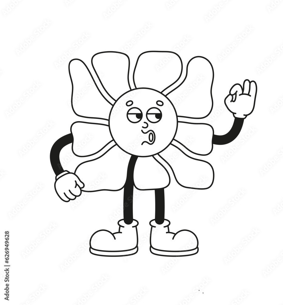 The hand-drawn retro character of the groovy flower. Vector illustration in trendy retro cartoon style. Line art.
