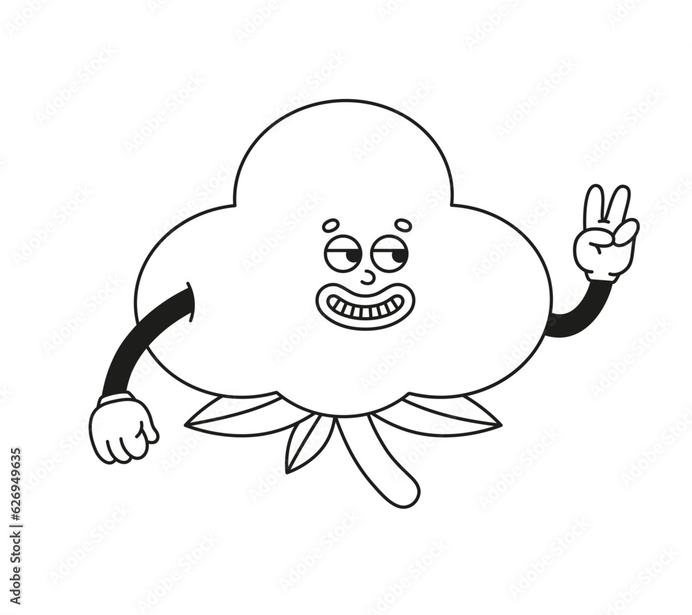 The hand-drawn retro character of the cotton plant. Vector illustration in trendy retro cartoon style. Line art. The hand-drawn retro character of the cotton plant. Vector illustration in trendy retro cartoon style. Line art.