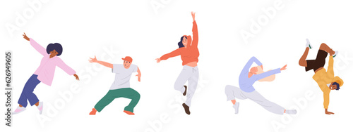Isolated set of teenager breakdancer, young bboy and female hiphop dancer cartoon character