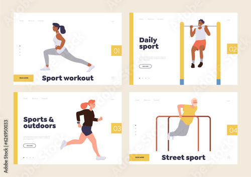 Outdoors sports recreation activity daily routine isolated set of landing page design template