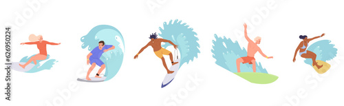 Isolated set of people surfers character standing on board catching wave riding speed in sea water
