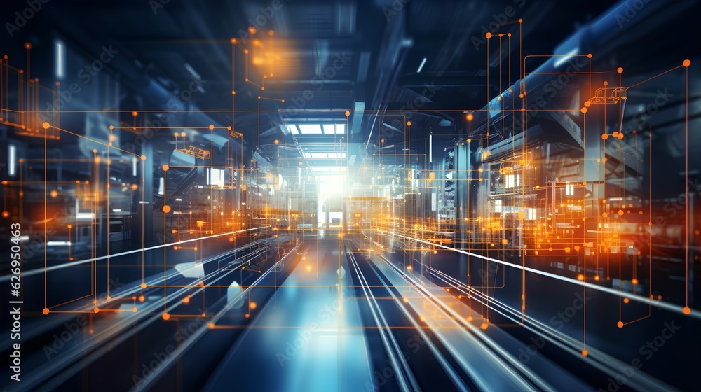 Smart factory concept, abstract tech background, demonstrating Industry 4.0 revolution through automation and data exchange in manufacturing technologies. Generative AI