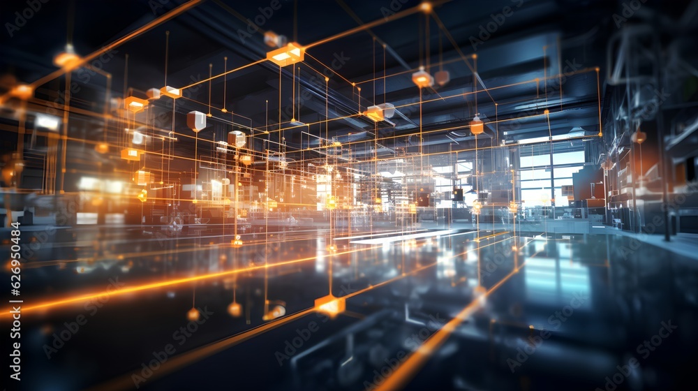 Smart factory concept, abstract tech background, demonstrating Industry 4.0 revolution through automation and data exchange in manufacturing technologies. Generative AI