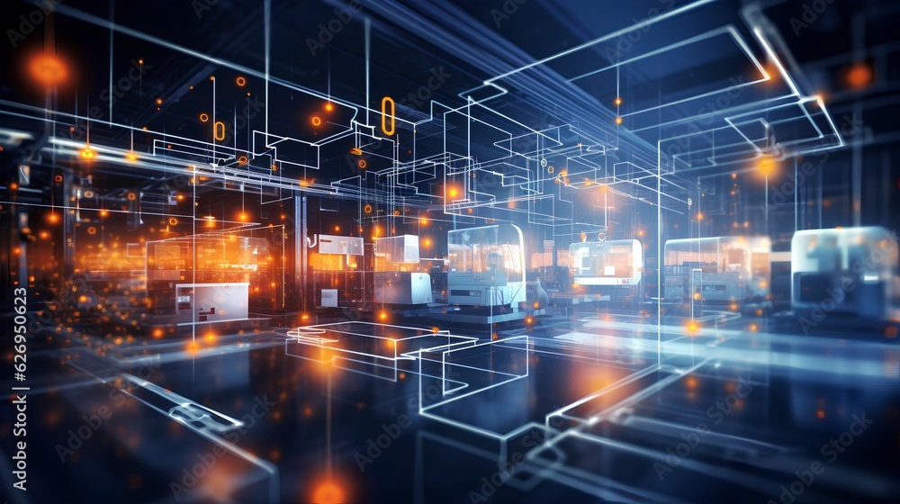 Smart factory concept, abstract tech background, demonstrating Industry 4.0 revolution through automation and data exchange in manufacturing technologies. Generative AI Smart factory concept, abstract tech background, demonstrating Industry 4.0 revolution through automation and data exchange in manufacturing technologies. Generative AI