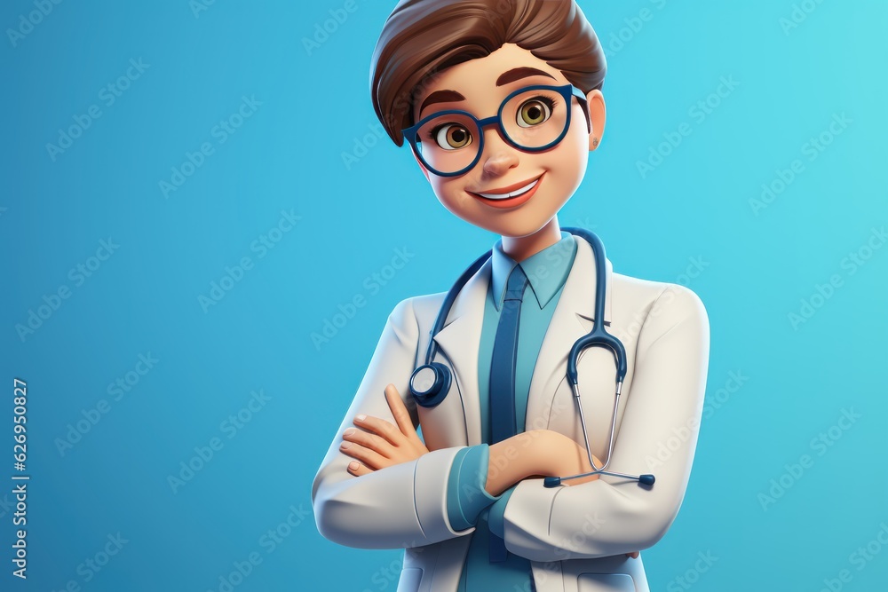 Cartoon Character Smart Trustworthy Caucasian Doctor, Professional Caucasian Female Specialist. Medical Clip Art Isolated On a Blue Background with a Copy Space. Made With Generative AI.