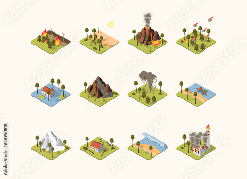 Cartoon Color Different Types Natural Disaster Set Concept Isometric Flat Design Style Include of Fire, Hurricane and Flood. Vector illustration