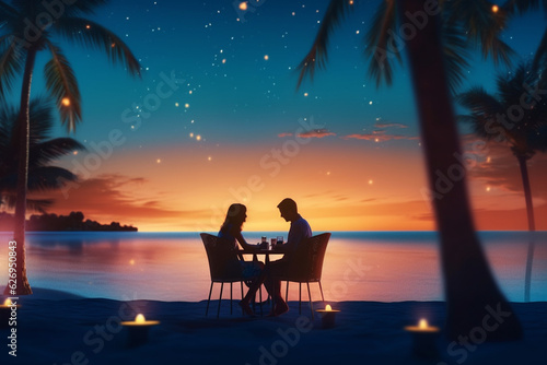 Romantic Sunset Dinner: Couple Enjoying Beachside Meal with Palm Trees - AI generated