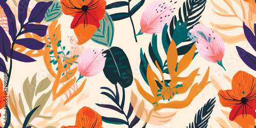 Modern exotic jungle plants illustration pattern. Creative collage contemporary floral seamless pattern. Fashionable template for design