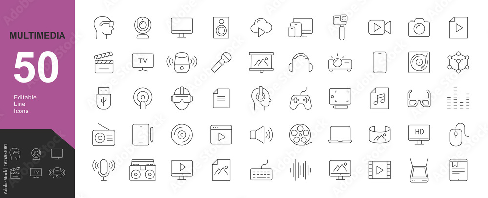 Multimedia Line Editable Icons set. Vector illustration in thin line style of modern digital technology icons: photo, video, music, audiovisual equipment, and more. Isolated on white

 - obrazy, fototapety, plakaty 