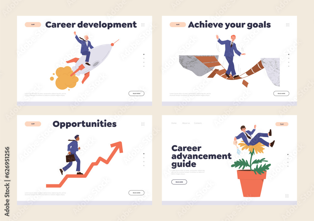 Career development, business advancement, new opportunities and goal achievement landing page set