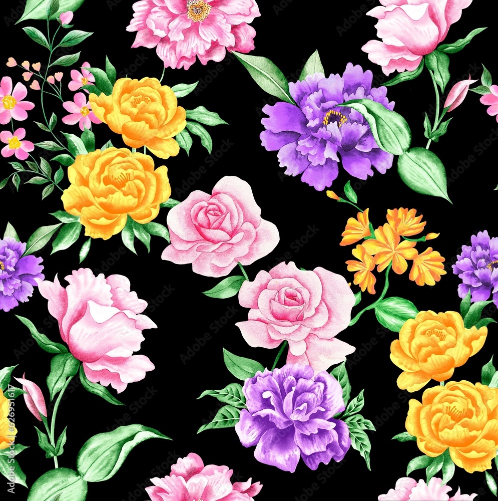 Watercolor flowers pattern, pink, yellow and purple tropical elements, green leaves, black background, seamless