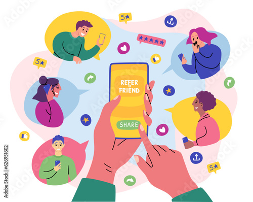 Cartoon Color Characters People and Refer a Friend Concept. Vector illustration of Hands Hold a Mobile Phone with Contacts