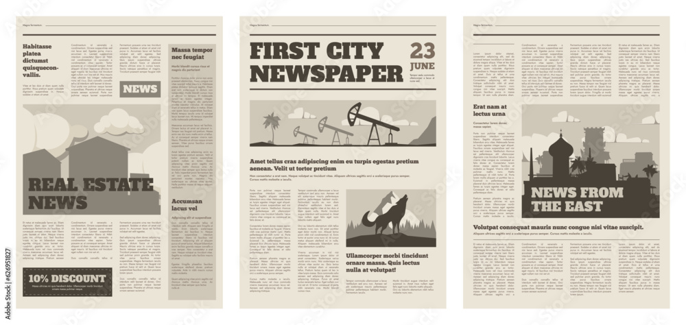 Newspaper mockup. Vintage press grid with pressed text and cover, daily tabloid layout design with press sheets. Vector illustration. Journal cover and pages set with important news or information - obrazy, fototapety, plakaty 