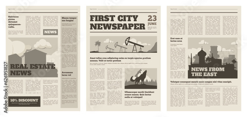 Newspaper mockup. Vintage press grid with pressed text and cover, daily tabloid layout design with press sheets. Vector illustration. Journal cover and pages set with important news or information photo