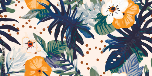 Modern exotic jungle plants illustration pattern with leopard print. Creative collage contemporary floral seamless pattern. Fashionable template for design