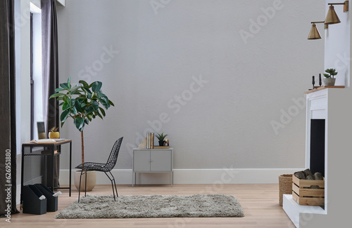 Fototapeta Decorative white chair and plant style in the room, interior concept decoration, grey stone wall, frame and carpet design