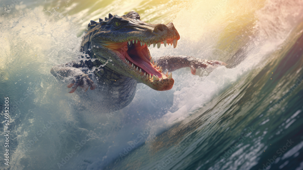 Naklejka premium An alligator gleefully swims while being splashed by the water from a large wave. Generative AI.