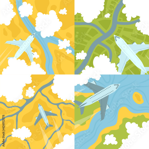 Cartoon Color Airplane Top View Landscape Scene Travel and Tourism Concept Flat Design Style. Vector illustration