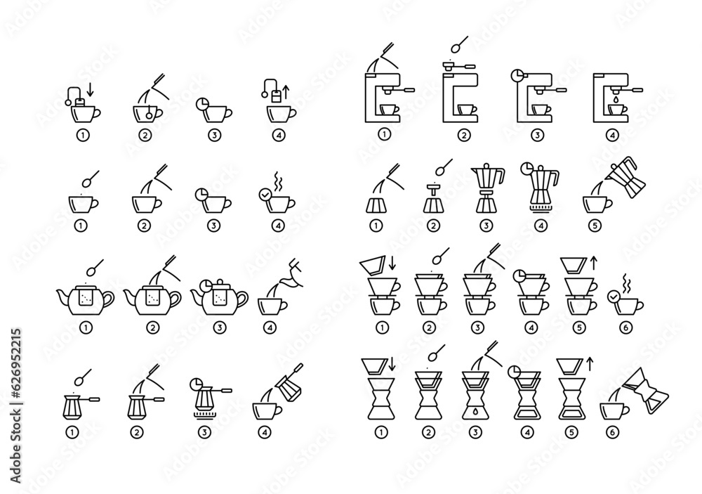 Brewing Tea and Coffee Instruction Black Thin Line Icon Set. Vector illustration of How to Make Hot Drink Process Icons