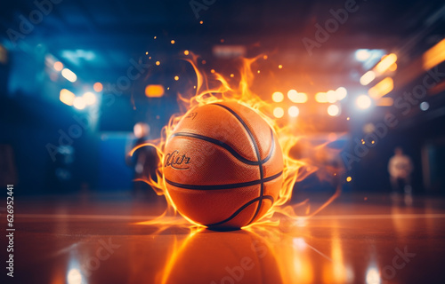 basketball ball on the court with flames