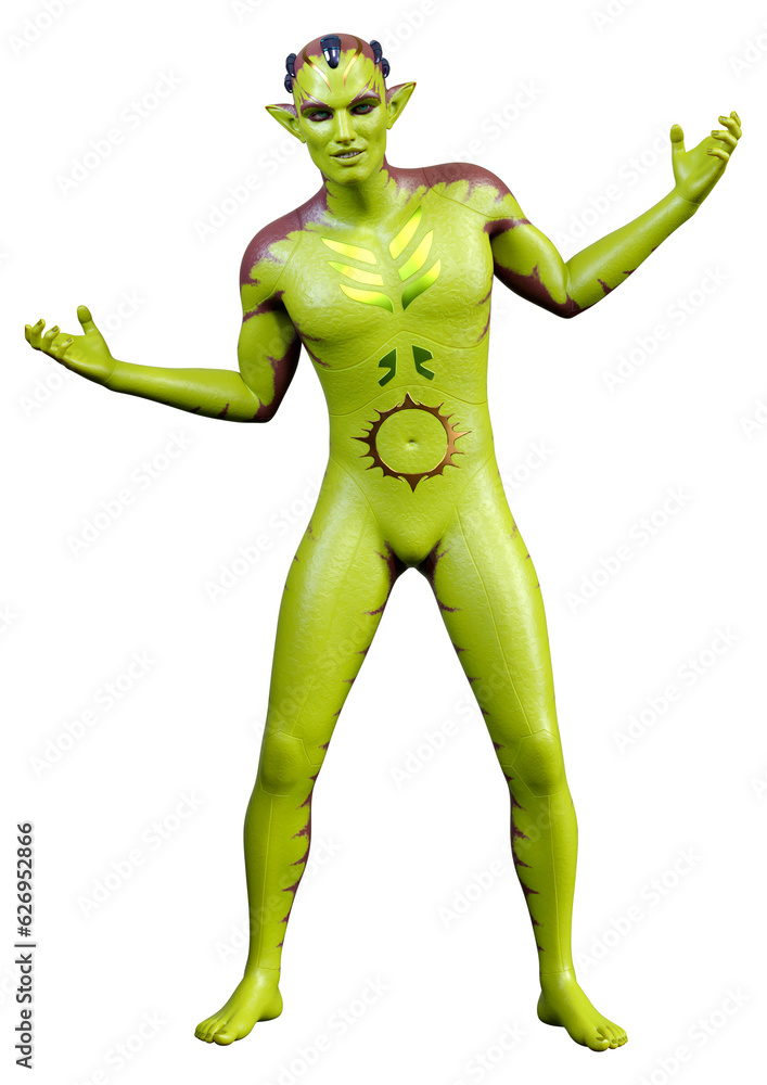 3D Rendering Green Alien on White 3D Rendering Green Alien on White