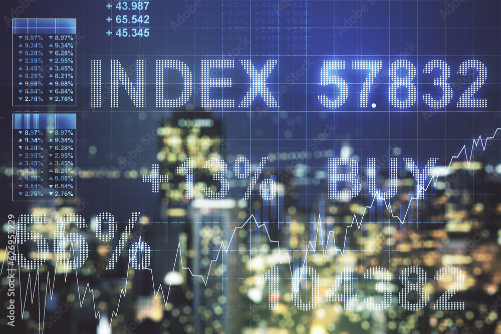 Fototapeta premium Multi exposure of virtual creative financial chart hologram on blurry cityscape background, research and analytics concept
