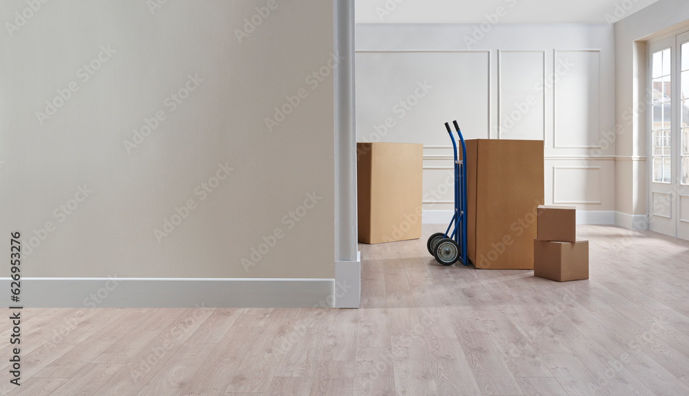 Moving from home style, packaging, box and wall background, leaving house.