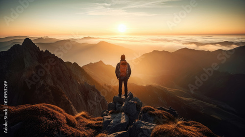 Majestic Mountain Sunrise - Adventurous Hiker on High Peak - Generative AI © illuminating images