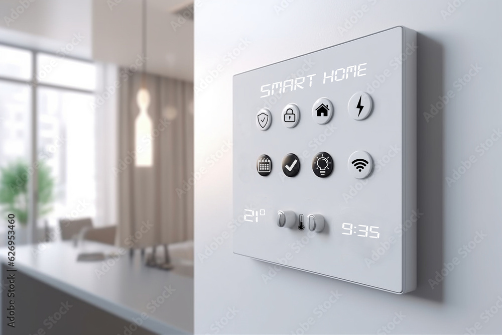Smart Home control system on the wall. Thermostat for temperature adjustments, saving money on energy costs. White room. AI generated Smart Home control system on the wall. Thermostat for temperature adjustments, saving money on energy costs. White room. AI generated