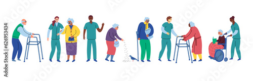 Cartoon Color Characters People Elderly and Social Workers Support Service Concept Flat Design Style. Vector illustration