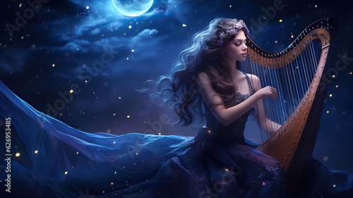 Canvastavla Girl playing harp on a floating platform among constellations