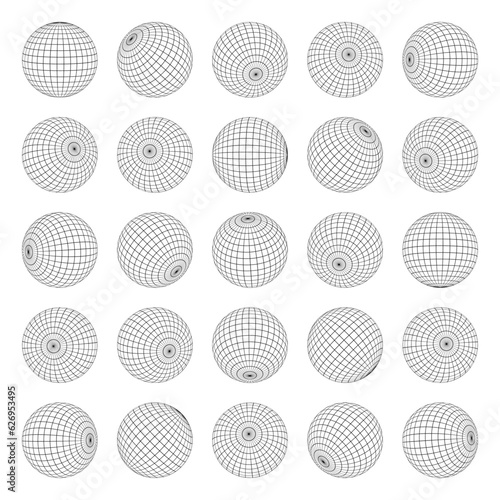 Globe grid spheres. World map topography spheres with latitude and longitude information, world geography linear mesh collection. Vector set. Round shapes in different positions top and side views