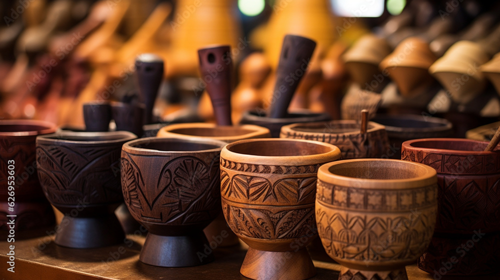A beautiful assortment of Thai carved wooden pestle and mortars, symbolizing the essence of Thai cuisine Generative AI A beautiful assortment of Thai carved wooden pestle and mortars, symbolizing the essence of Thai cuisine Generative AI