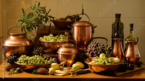An elegant display of Greek copper pots and ceramic olive oil jars, evoking the warmth and flavors of Mediterranean cooking Generative AI