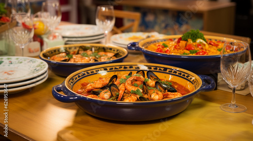 A charming mix of Spanish paella pans and hand-painted ceramic dishes, showcasing the artistry of Spanish cooking Generative AI