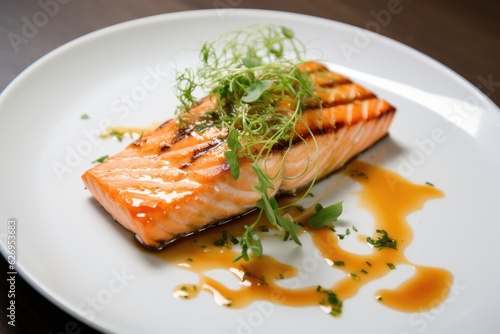 Grilled salmon steak on a white plate, generative AI