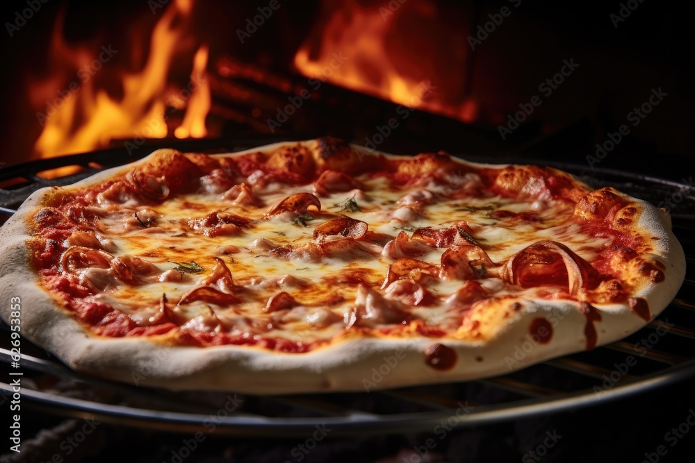 Pizza with ham, wood stove in the background, generative AI