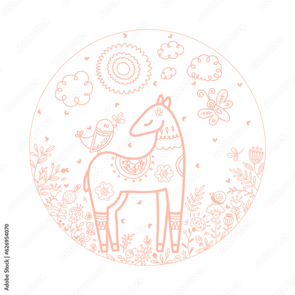 Cute hand drawn vector deer in a circle. A female deer with a bird and a butterfly. decorative plants. Illustration in doodle style. Ideal for t-shirt logo, greeting card, poster, invitation or print Cute hand drawn vector deer in a circle. A female deer with a bird and a butterfly. decorative plants. Illustration in doodle style. Ideal for t-shirt logo, greeting card, poster, invitation or print