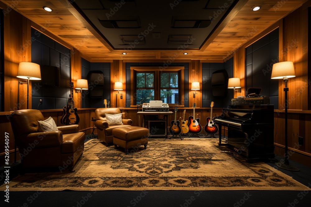Design a cozy and intimate recording studio with plush carpeting, warm