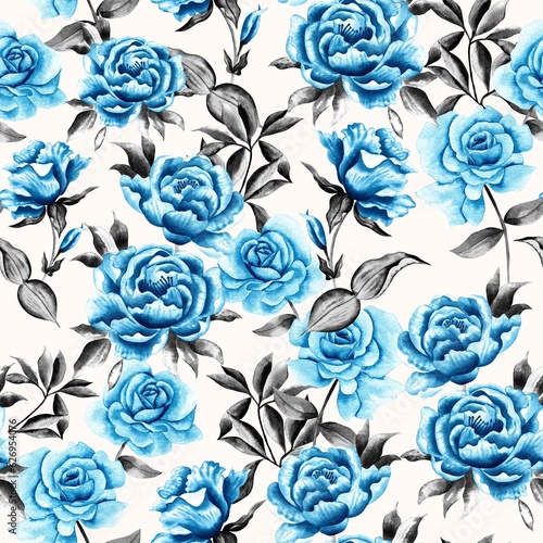 Watercolor flowers pattern, blue roses, gray leaves, white background, seamless