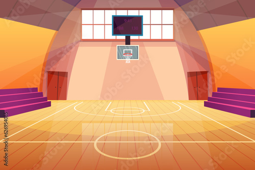 Cartoon Color Basketball Court Interior Inside Scene Sport Concept Flat Design Style . Vector illustration of School Gym