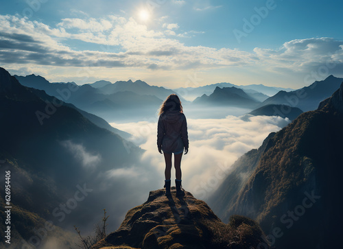 silhouette of a person with backpack on the top of the mountain, overlooking the clouds