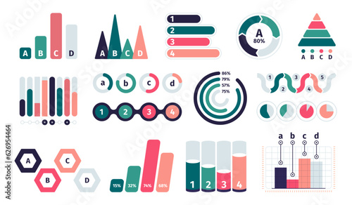 Graphic charts collection. Bar pictogram, pie chart line diagram, market growth statistics infographic design. Vector set. Business presentation or report financial analysis template